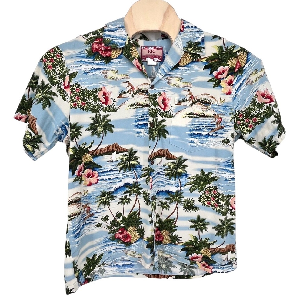 RJC Hawaiian Shirt Mens XL Blue Tropical Surf Scenic Made in USA Aloha Button Up